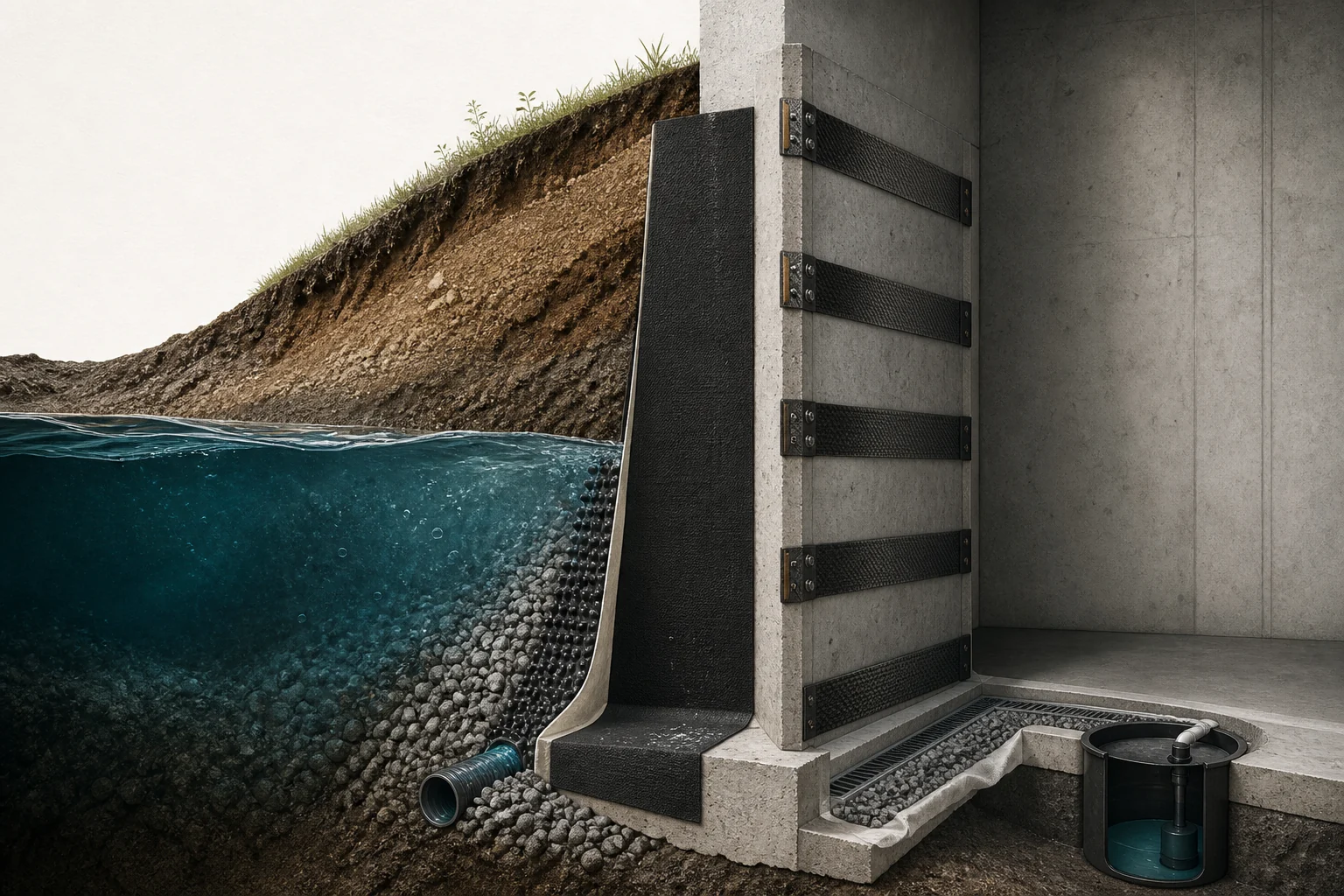 Cutaway diagram of a basement wall reinforced with carbon fiber straps and an interior drainage system resisting soil and groundwater pressure