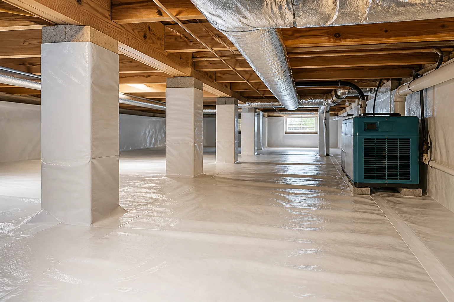 Encapsulated crawl space with a sealed vapor barrier across the ground and piers, wrapped supports, and a dehumidifier