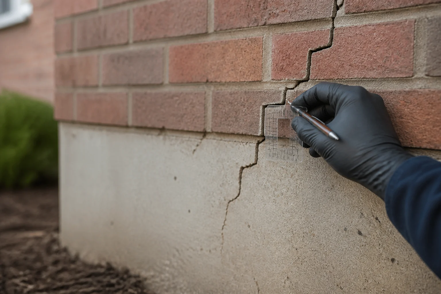 Gloved hand holding a crack gauge against a stair-step crack where brick veneer meets the foundation