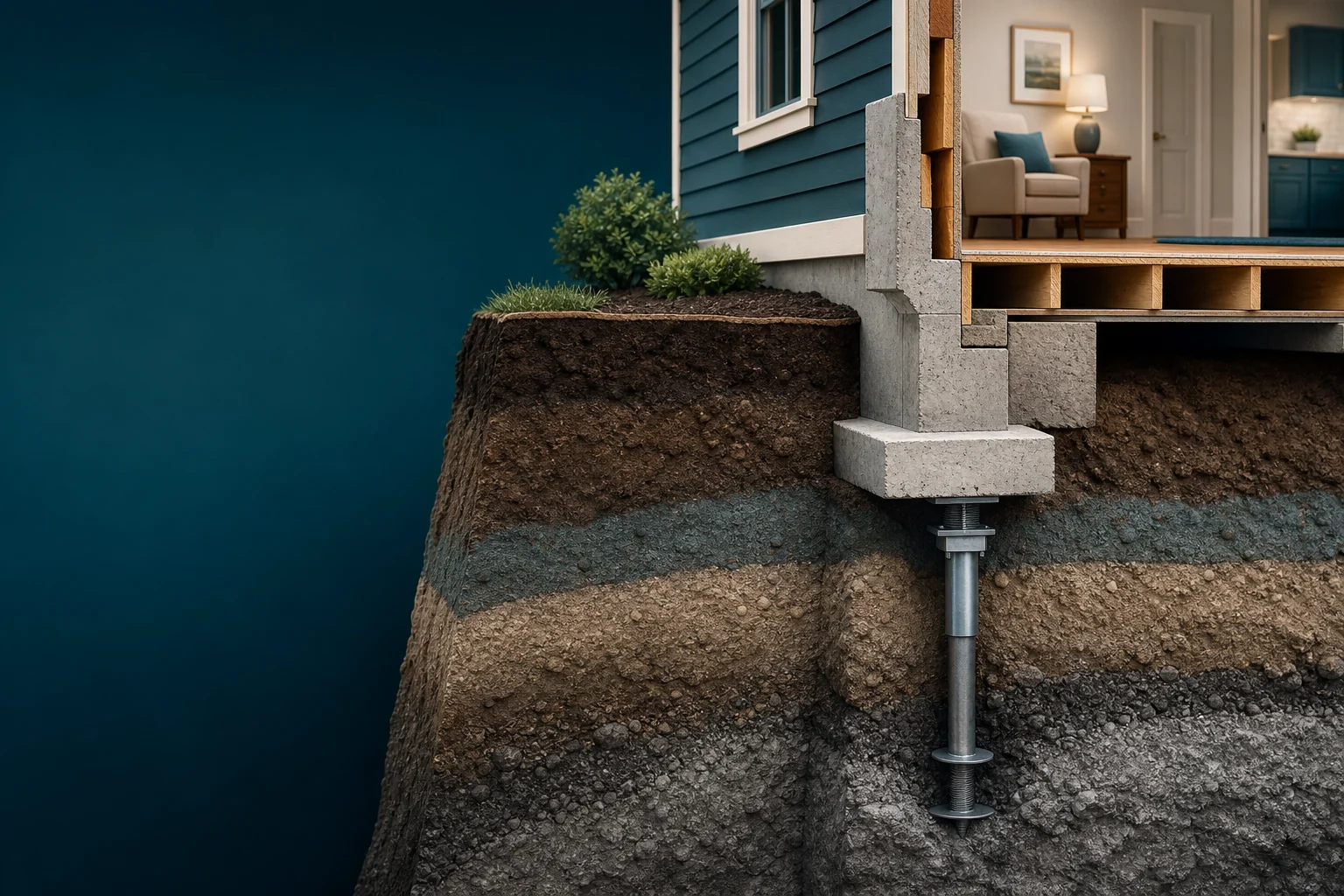 Cutaway diagram of a steel push pier transferring a house's load down through soil layers to competent bearing soil