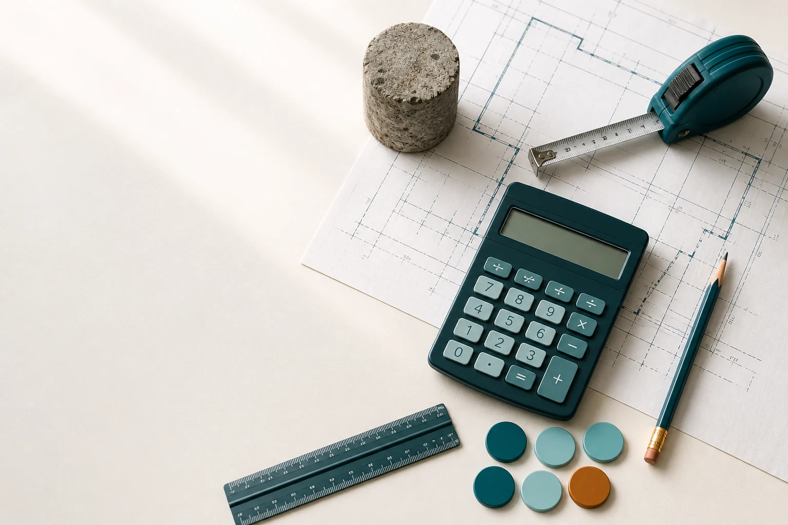 Foundation plan, tape measure, calculator and a concrete core sample arranged for an independent cost estimate