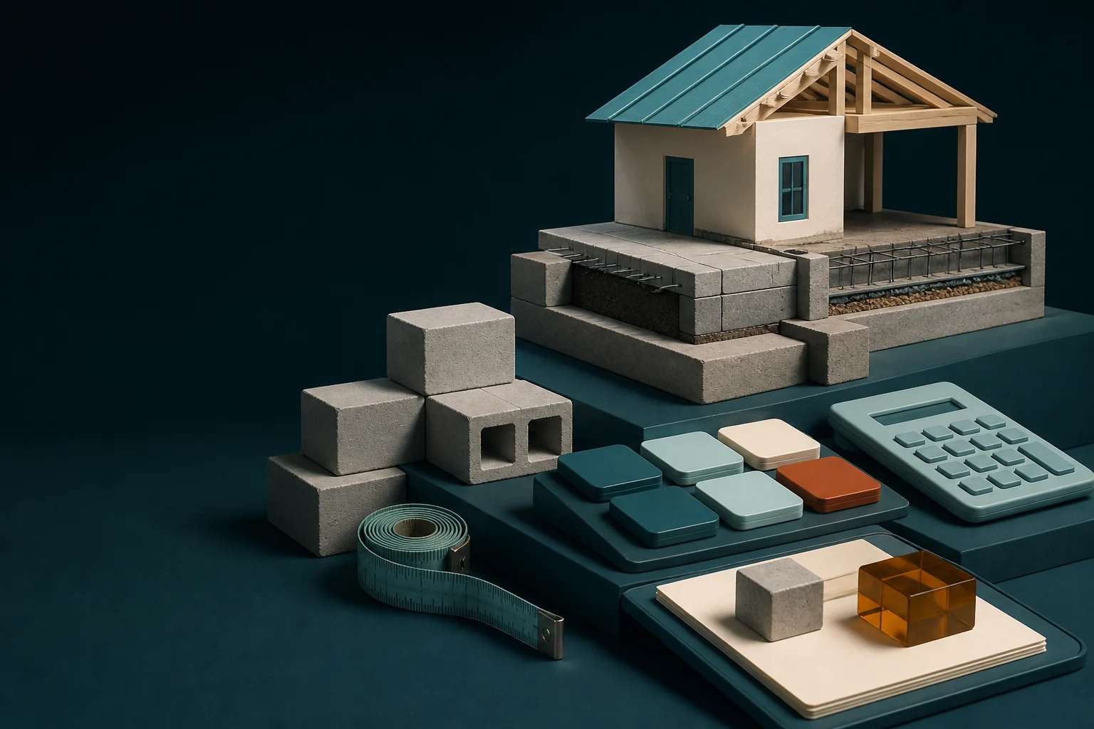 Scale model of a house foundation with modular concrete blocks and a calculator, representing an itemized cost estimate
