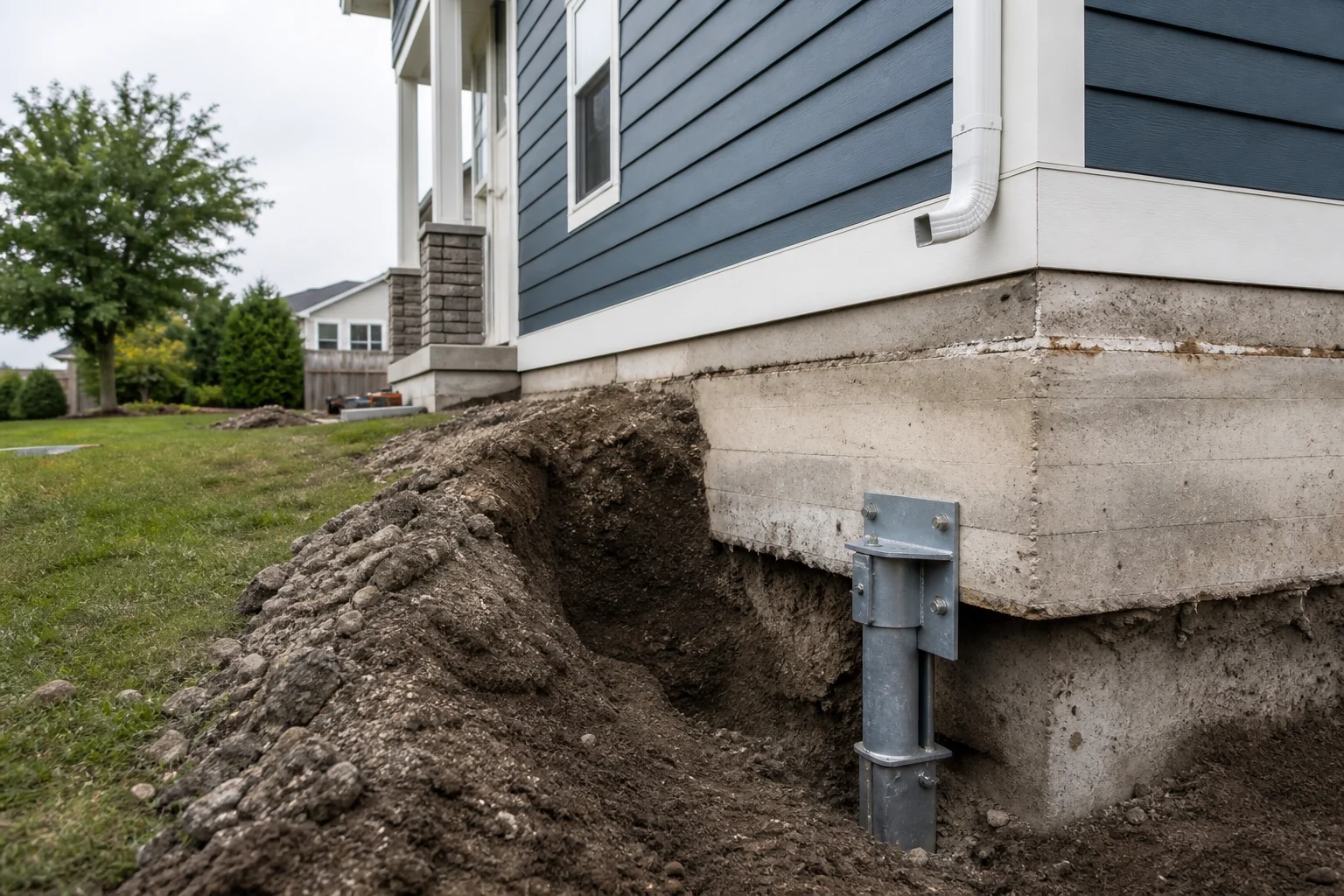 Excavated foundation corner showing a steel push pier bracket installed beneath the footing of a US house