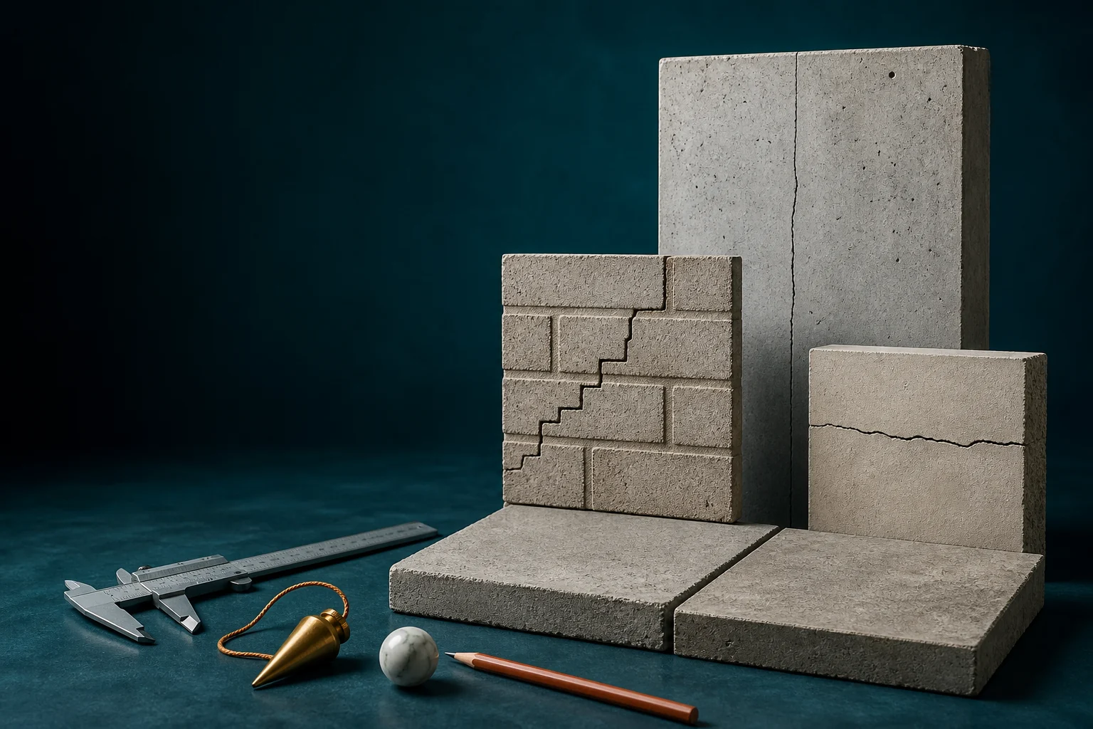 Masonry samples showing a vertical crack, a stair-step crack and a horizontal crack side by side for comparison