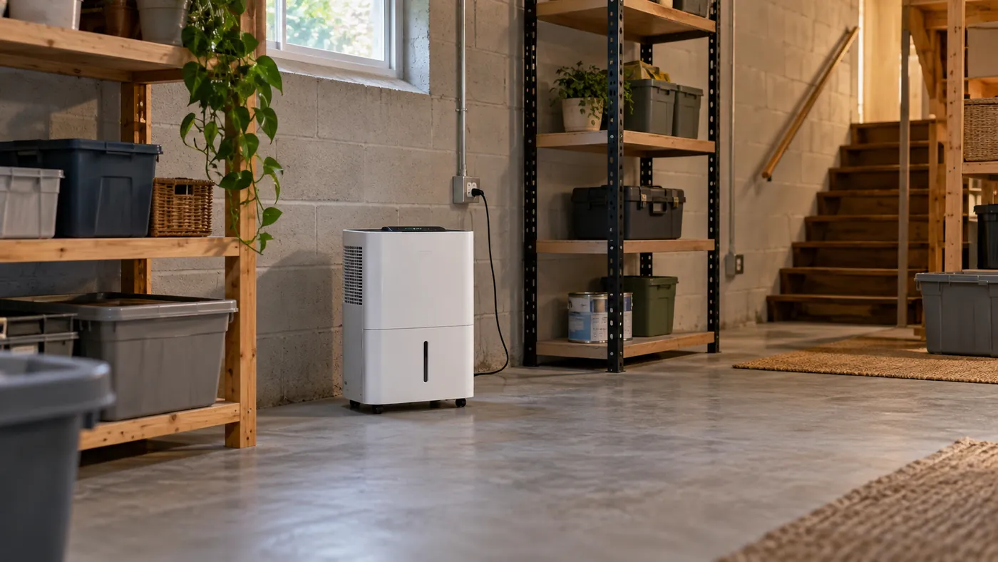 Portable dehumidifier running in a basement beside storage shelving and the stairs