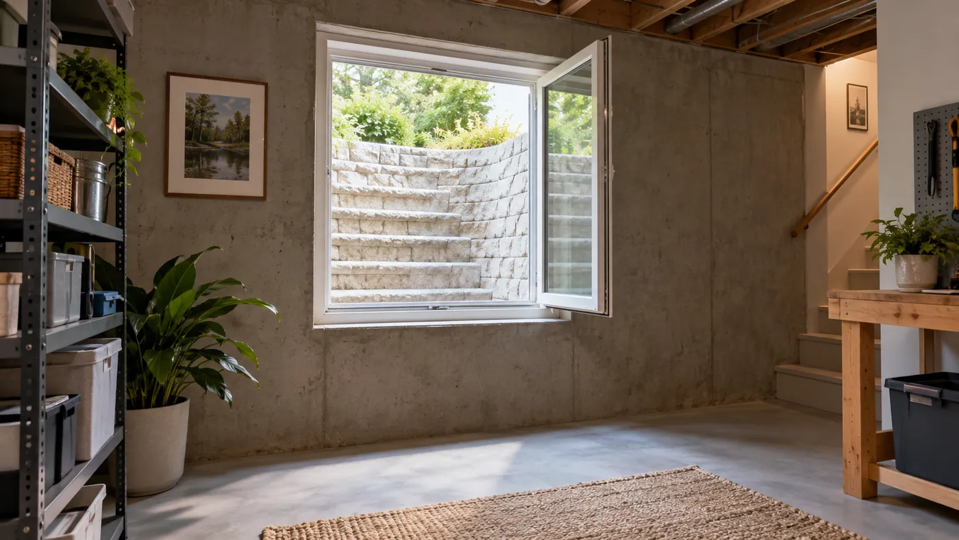 Basement room with an open egress window above a terraced window well