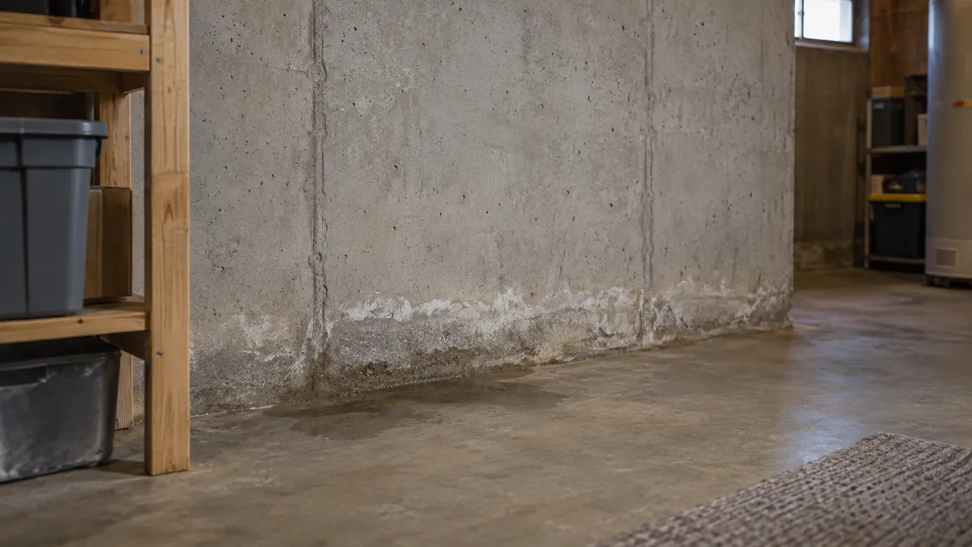 Moisture staining along the base of a basement wall beside stored boxes