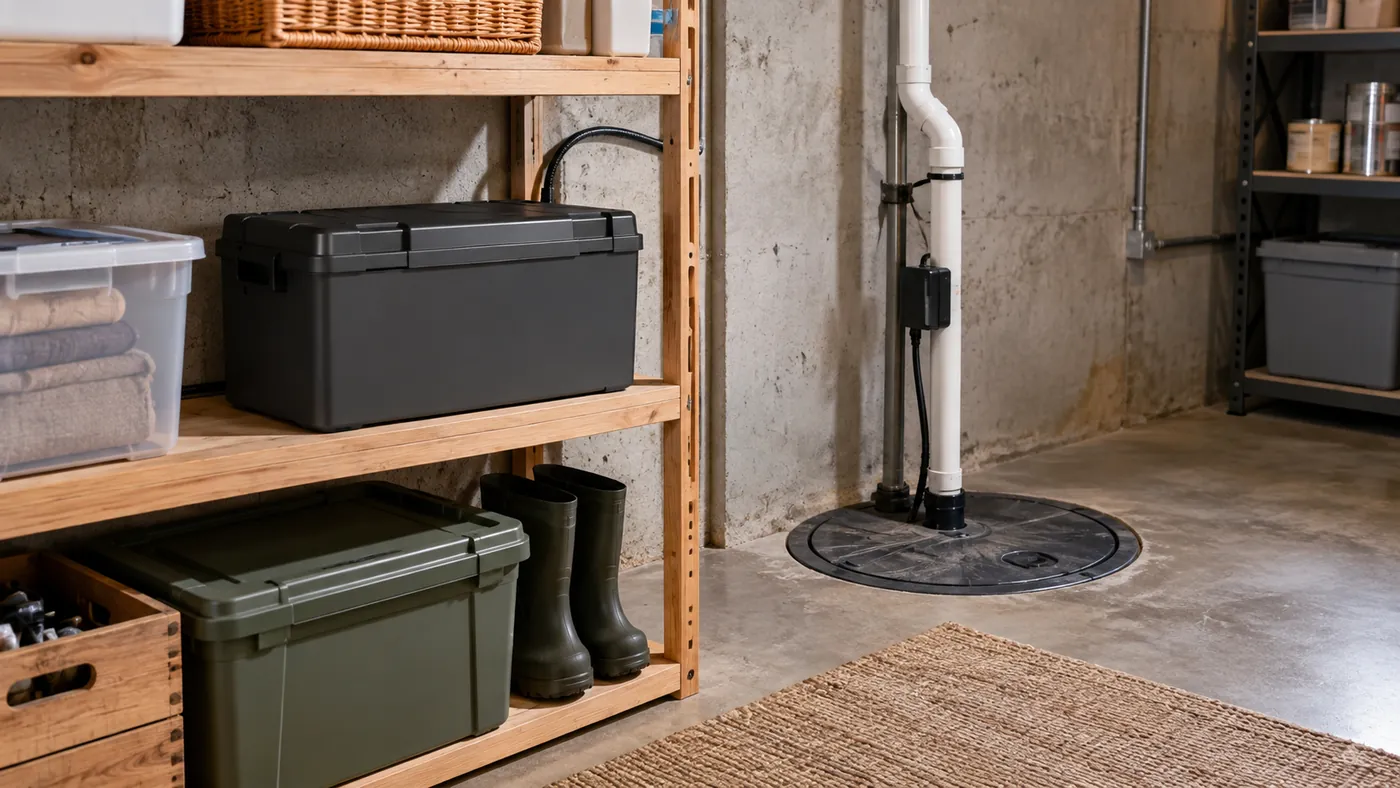 Basement storage corner with a covered sump basin and discharge pipe set into the concrete floor