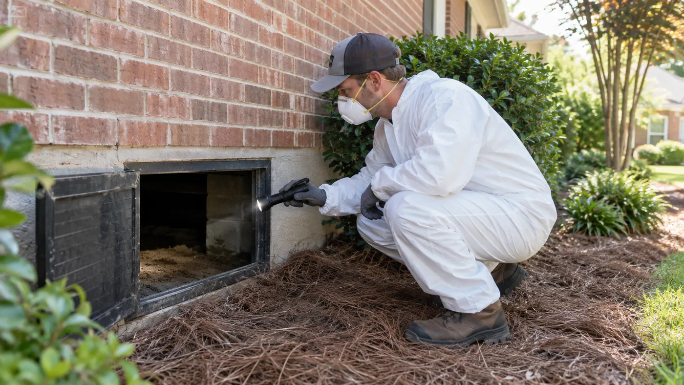 Technician in coveralls and a respirator shining a flashlight into a crawl space vent opening