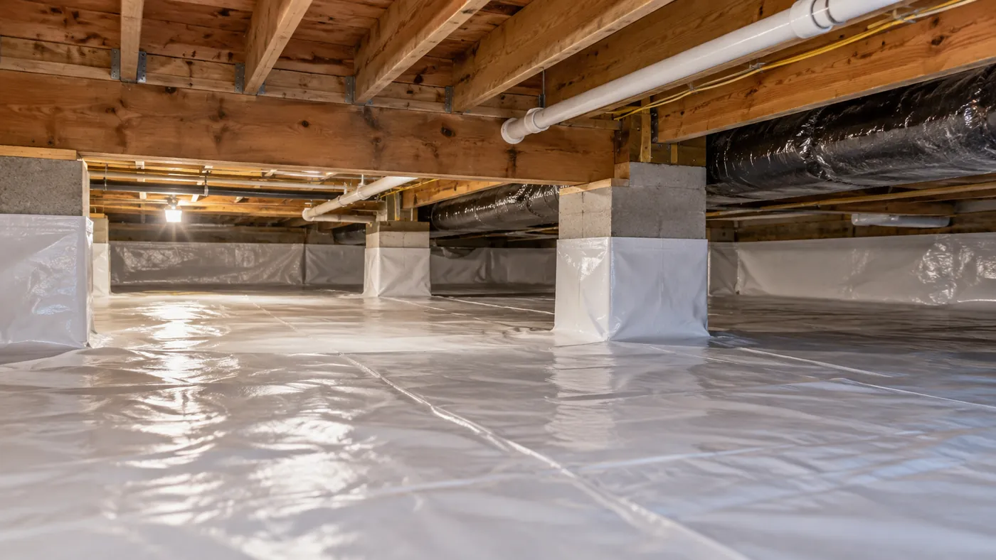 Encapsulated crawl space with a white vapor barrier across the ground and wrapped support piers