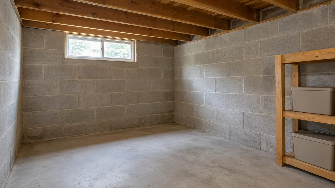 Clean, dry basement with concrete block walls and a small daylight window