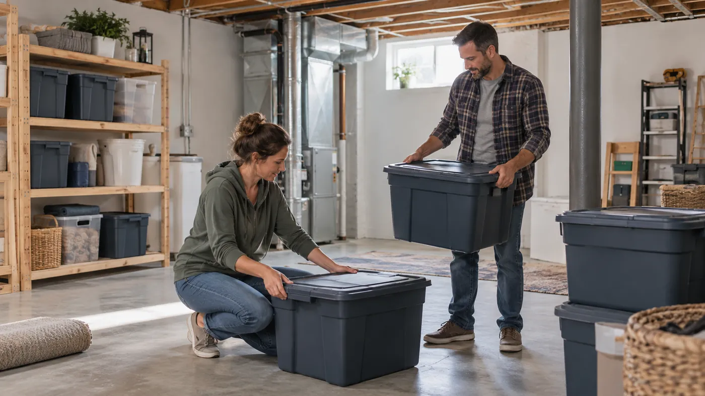 Two people sorting plastic storage totes while clearing out a flooded lower level