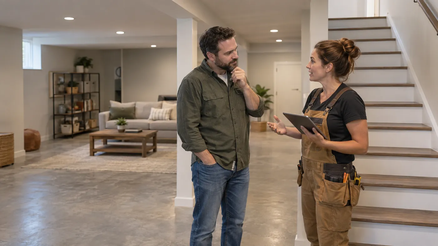 A homeowner talking with a repair contractor in a finished basement