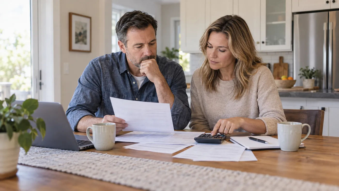 Two homeowners at a kitchen table reviewing repair estimates with a calculator and a laptop