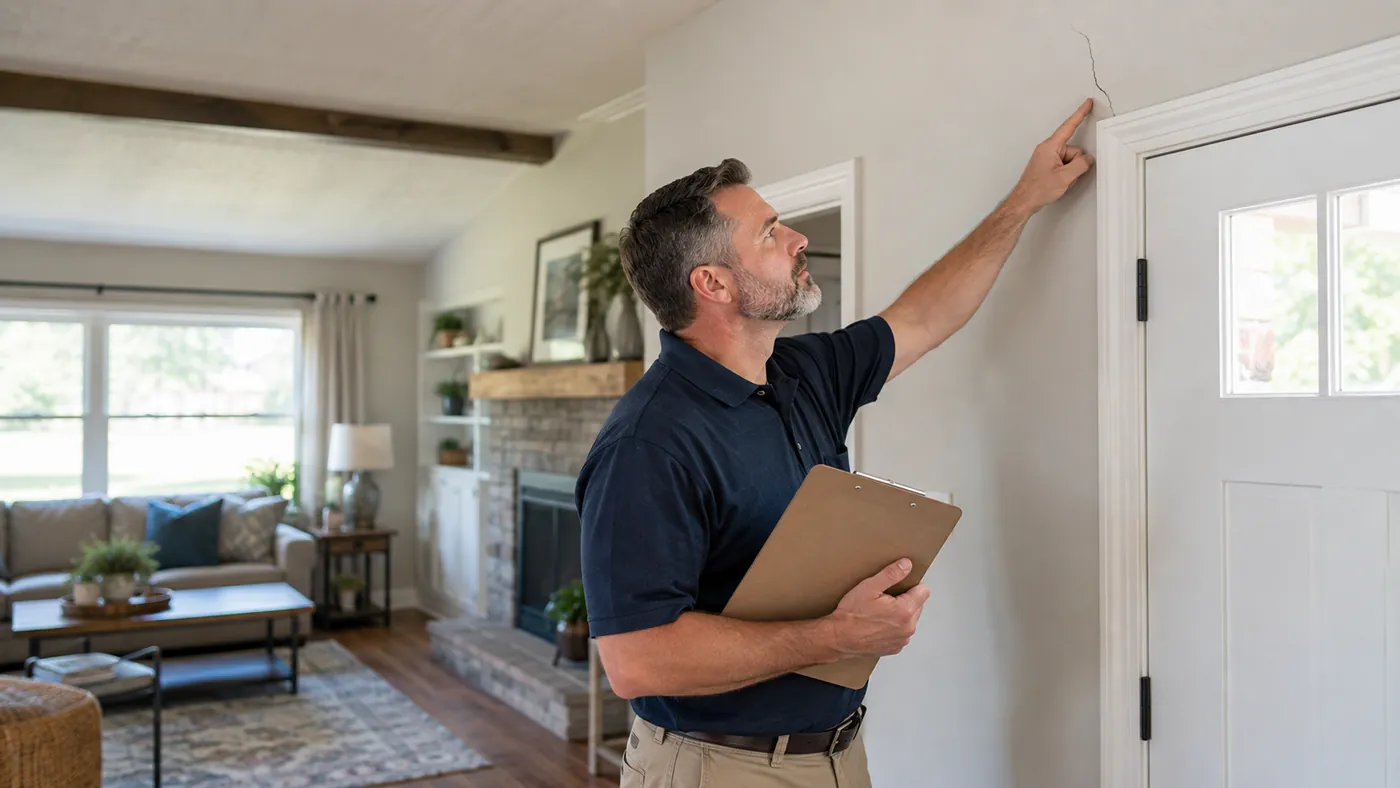 Inspector with a clipboard examining the gap above a door frame in an older home