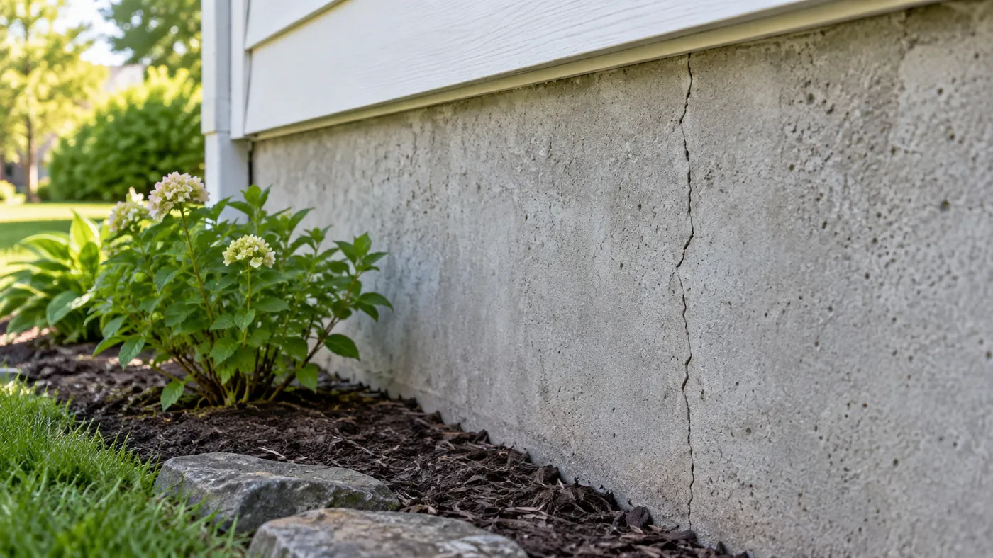 Fine vertical hairline crack running down an exposed concrete foundation wall beside landscaping