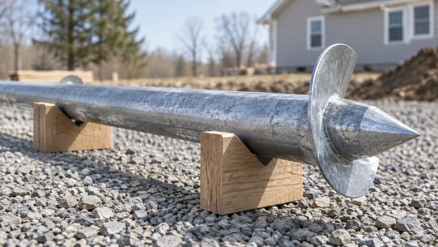 Galvanized helical pier lead section resting on wooden cradles at a contractor staging area