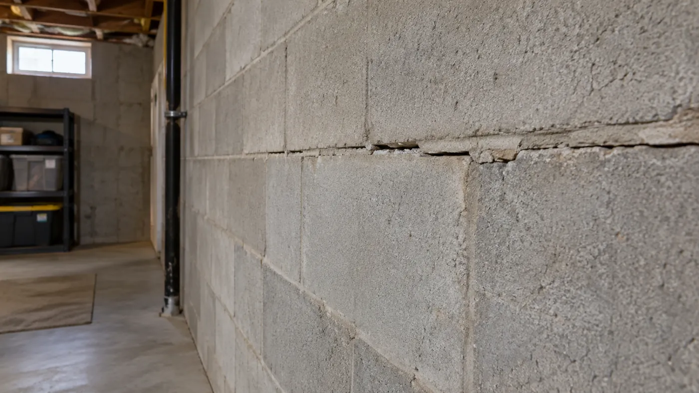 Horizontal crack following a mortar joint across a concrete block basement wall