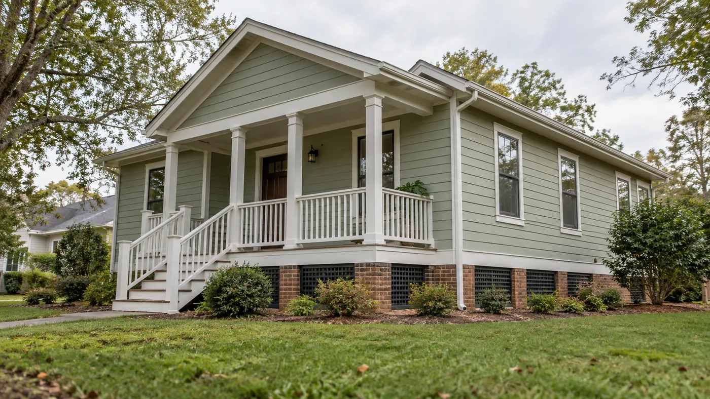 Clapboard American house with a covered porch raised over a crawl space foundation