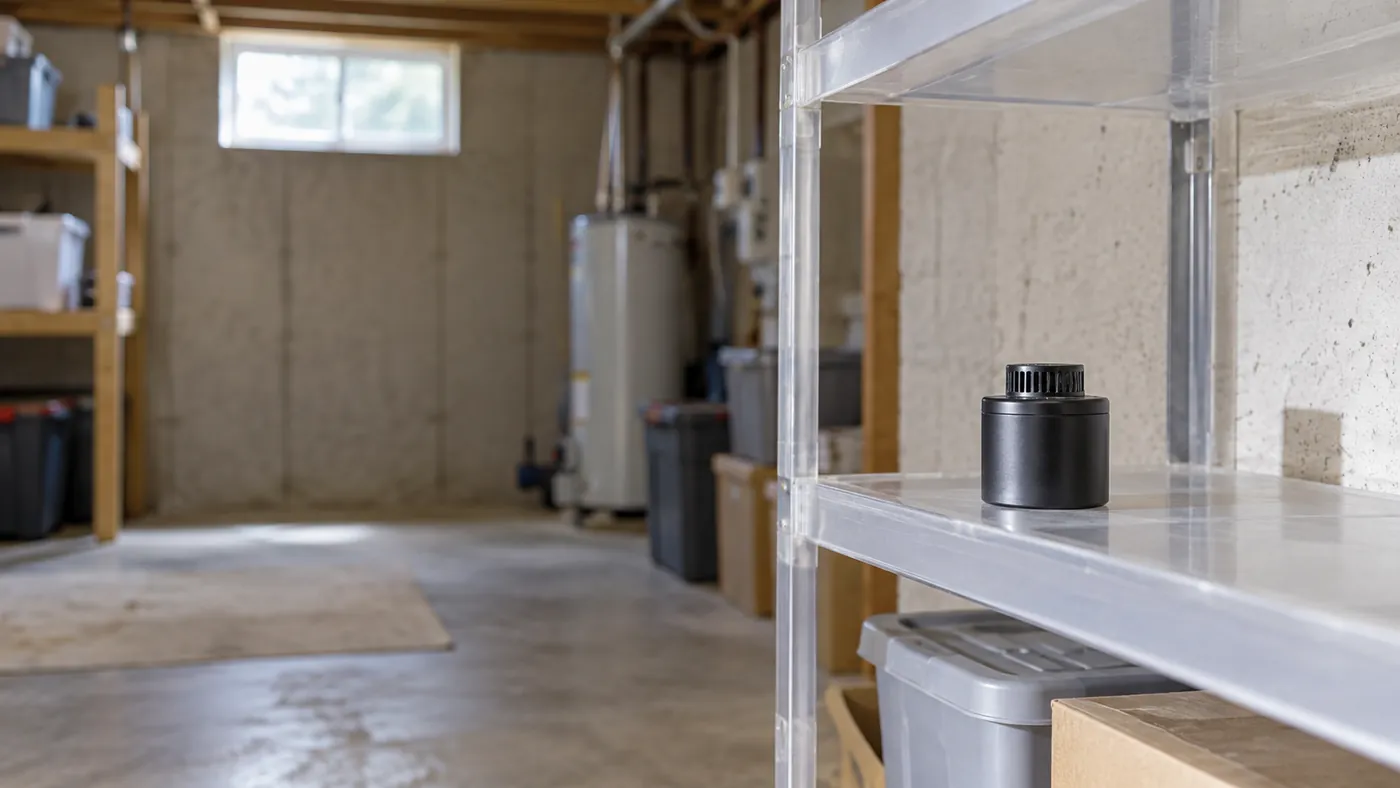 Small digital radon monitor on a basement shelf beside the water heater