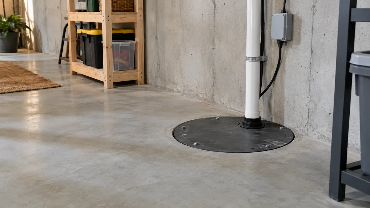 Covered sump pump basin set into a basement floor with its discharge pipe and switch box