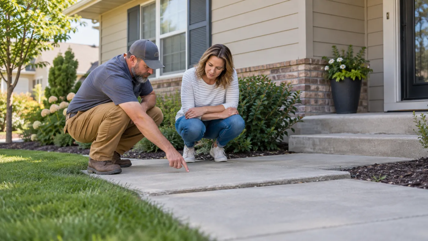 Contractor and homeowner crouching to examine a settled section of concrete walkway