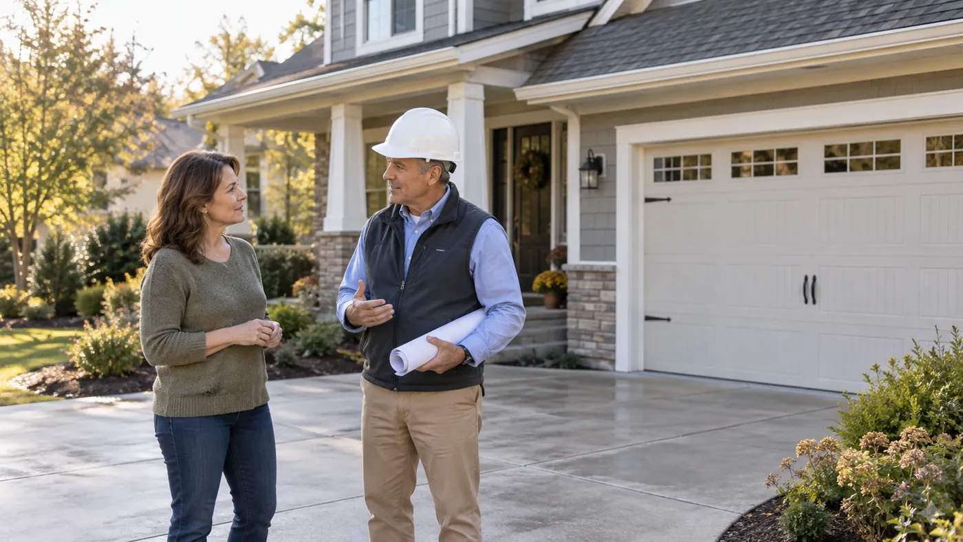 A homeowner and a hard-hatted structural professional reviewing rolled plans in a driveway