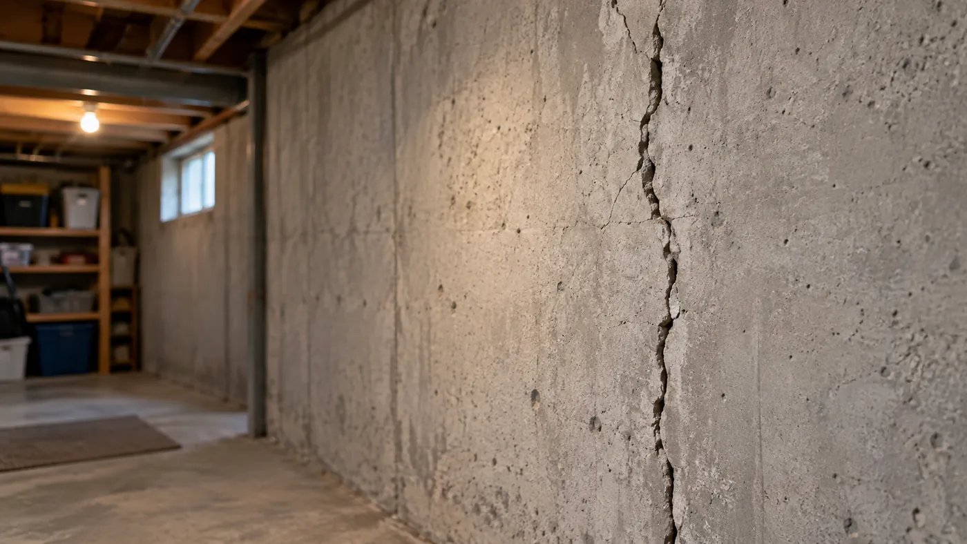 Vertical crack running down a poured concrete basement foundation wall