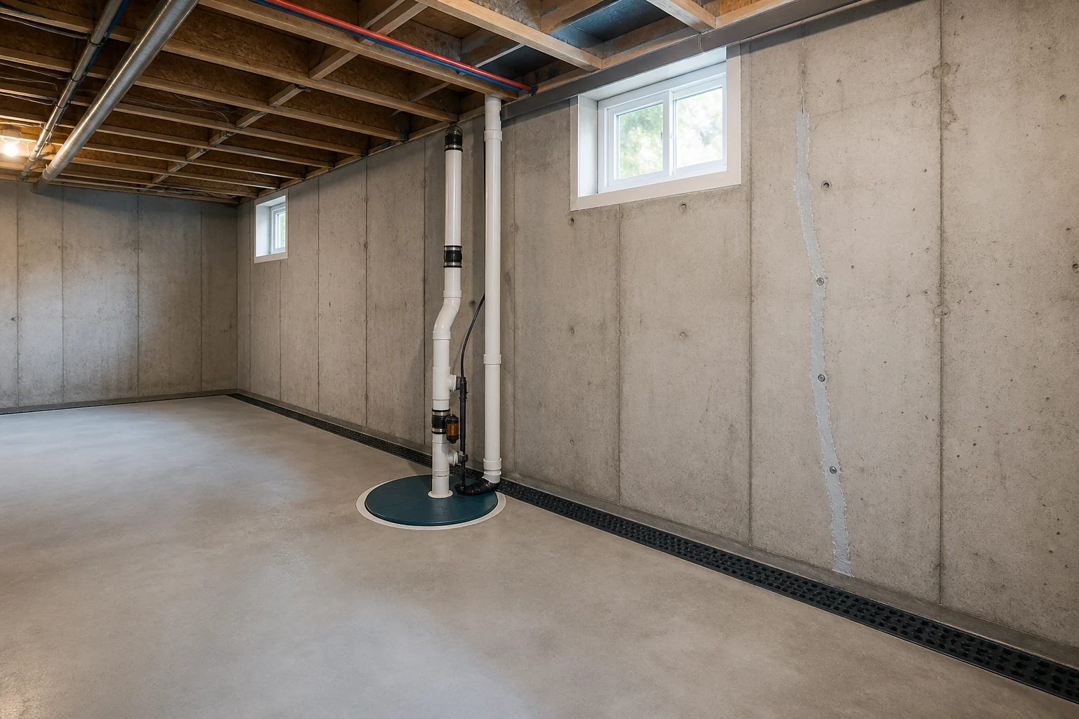 Unfinished basement with a repaired wall crack, an interior perimeter drain and a covered sump pump basin